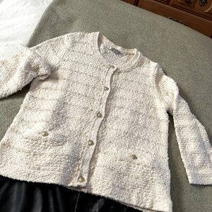Chanel styled cardigan with gold tread & button details.